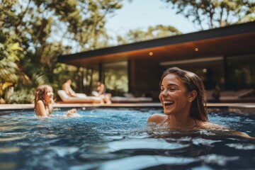 Fototapeta premium Joyful poolside moments tropical retreat lifestyle imagery outdoor relaxation upbeat perspective embracing nature's serenity