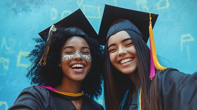 Side profile of two graduates laughing as they pose for a selfie, their caps decorated with glitter and slogans
