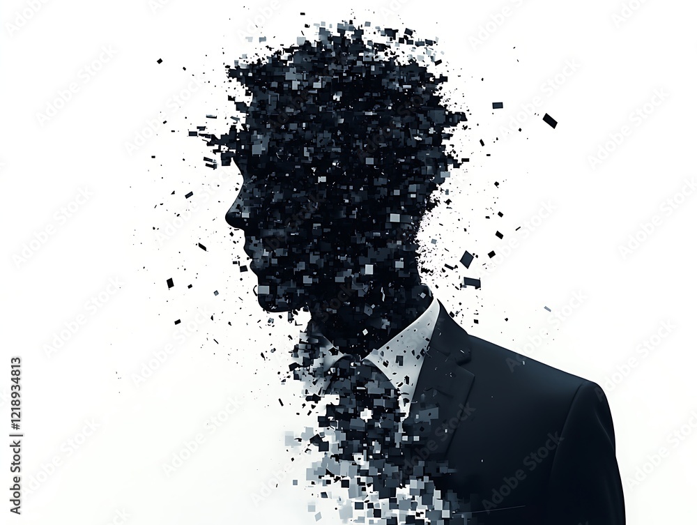 Poster a silhouette of a man in a suit is dissolving into a cloud of pixels, symbolizing concepts of identi