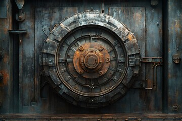 Fototapeta premium Large rusty circular industrial valve closing a metal wall