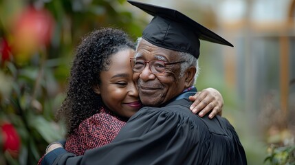 Side profile of a grandparent giving their graduate a heartfelt hug, their pride radiating