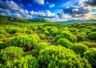 Obraz premium Lush Green Scrub Landscape, Rule of Thirds Composition, Vibrant Nature Photography