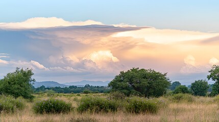 Dramatic Sunset Sky Over Serene Meadow Landscape