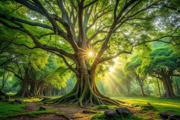 Lush Green Thailand Woodland: Tranquil Forest Scene with Copy Space