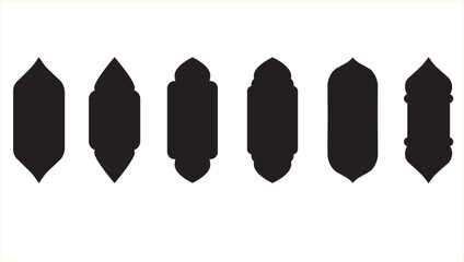 Set of six black Islamic window silhouettes with white outlines on a light background. Vector design