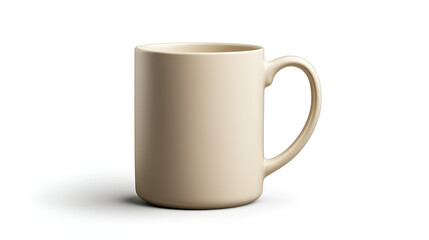 Beige ceramic mug isolated on white background. Perfect for branding or design mockups.