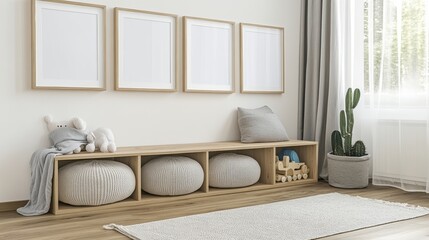Modern Child's Room Interior with Wooden Bench and Storage