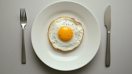 Fried egg served on white plate with fork and knife on a simple table setting