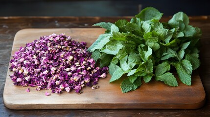 Dried Rose Petals and Fresh Mint Leaves on Wooden Board