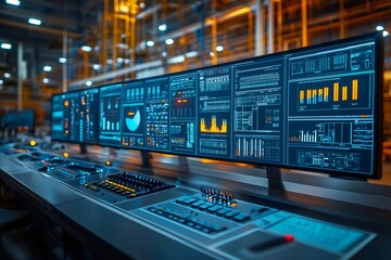 Control panel showing various information on multiple monitors in industrial setting