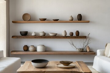 Decorative wooden shelves display artisan pottery and ceramics in a modern interior setting