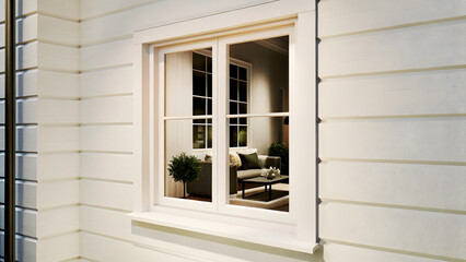 Fototapeta premium Glass window frame house interior on white wall