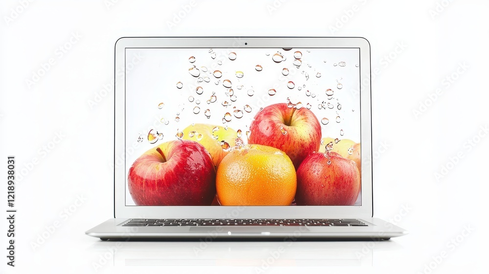Poster a digital advertisement with a catchy slogan and product photo displayed on a laptop screen on a whi