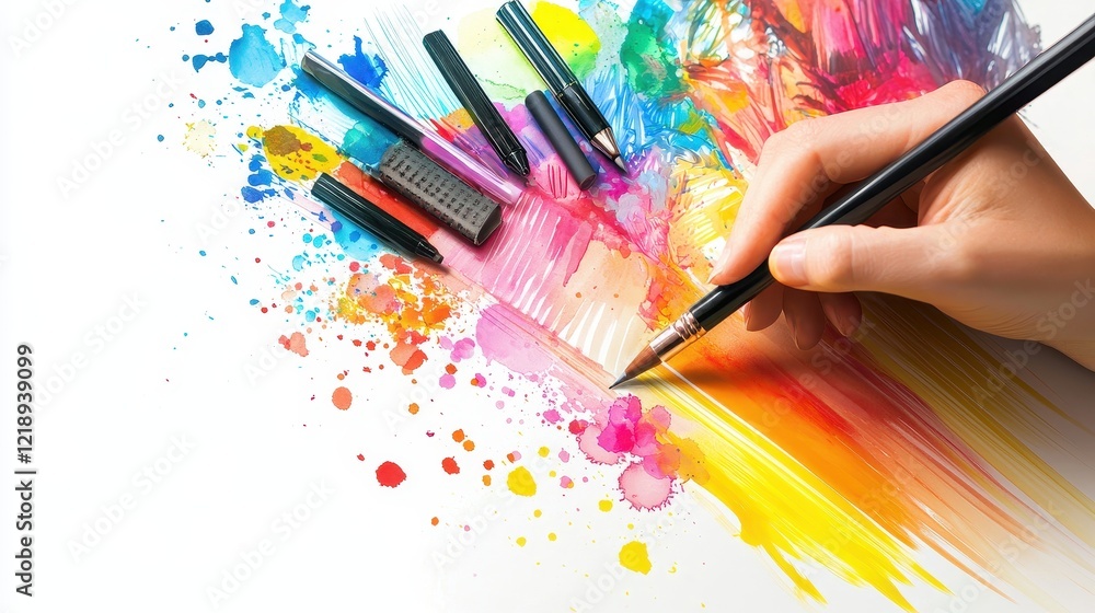 Poster a designer using a tablet to create visually engaging advertisements for a new product on a white is