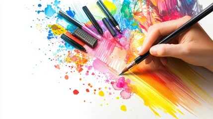 A designer using a tablet to create visually engaging advertisements for a new product on a white isolated background