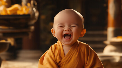 Smiling Young Monk Laughing Outdoors in a Peaceful Temple Setting