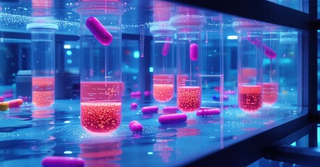 Floating biolab cultivating new antibiotics in controlled aquatic ecosystems, using advanced biotechnology to discover treatments for resistant bacteria in a futuristic research setting