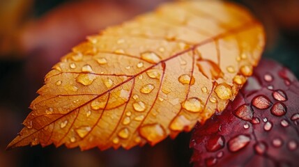 Autumn Leaves Adorned with Raindrops Showcasing Fall Colors and Textures