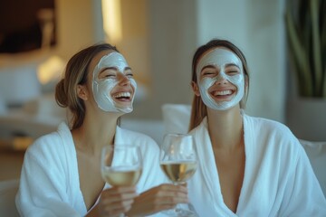 Friends enjoy a spa day with facial masks and wine in a modern relaxation space