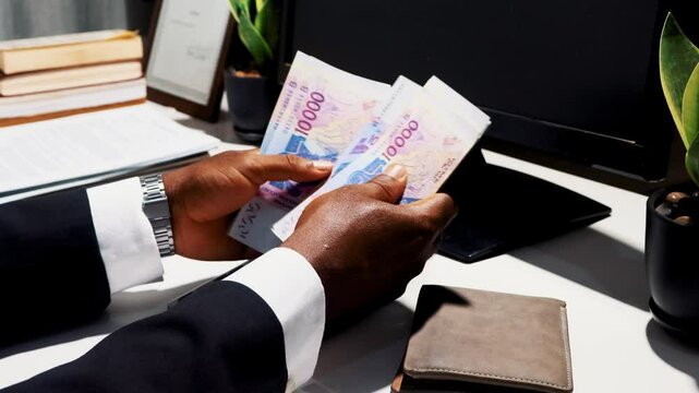 Black African male business man hands wearing suit sitting and counting West African cfa franc notes at office on desk