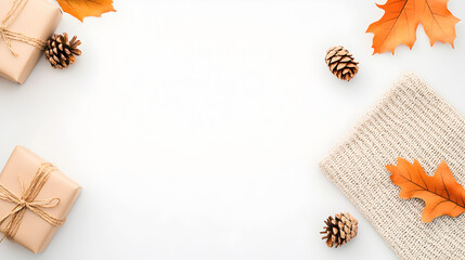 A simple autumn-themed flat-lay featuring wrapped gifts, pinecones, orange leaves, and a cozy knitted fabric, perfect for seasonal greetings or Thanksgiving promotions. Selective focus
