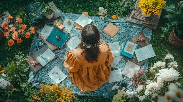 Bird s-eye view of a graduate surrounded by congratulatory notes and flowers on a picnic blanket