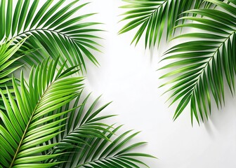 Lush Tropical Palm Leaves Border Frame, White Background - Stock Photo