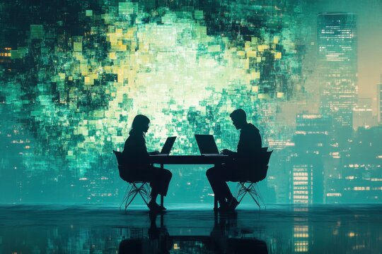 Business professionals collaborate on laptops in a modern office with abstract digital backdrop in a city setting during the evening