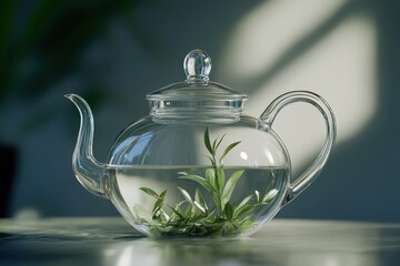 Clear glass teapot with fresh green leaves on a light background creating a serene atmosphere