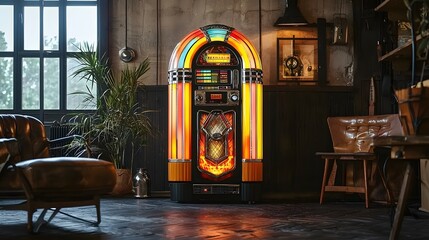 A jukebox featuring a vibrant retro design but equipped with modern music streaming capabilities