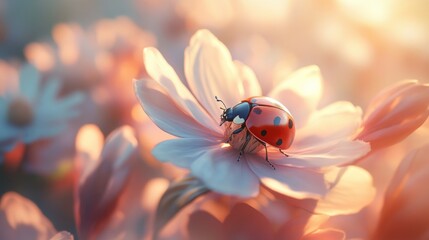 Ladybug on a flower at sunset, a digital art piece.