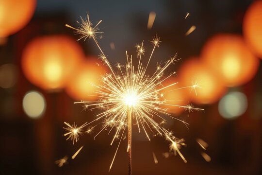 Close-Up of Golden Sparkling Firework with Warm Lantern Bokeh Background