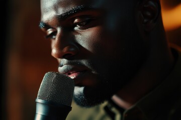 Close-up of a man passionately singing into a microphone during a performance in an intimate venue at night