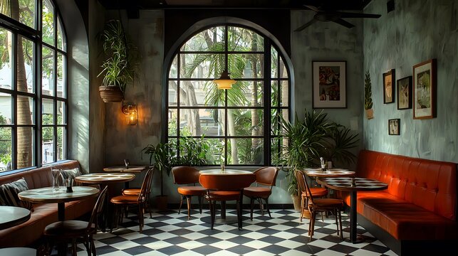 A quaint coffee shop with checkerboard flooring and contemporary seating, blending old-world charm and sleek design