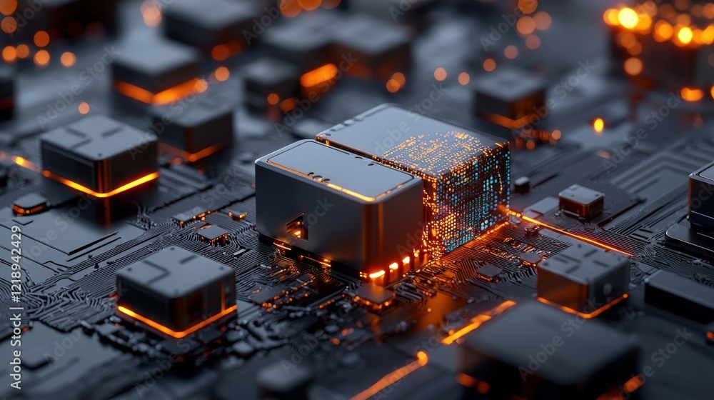 Poster a close-up view of a glowing circuit board with a focus on intricate components and vibrant orange l