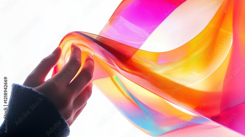 Poster a person reviewing a product on an online store using a tablet, with vibrant product images on a whi