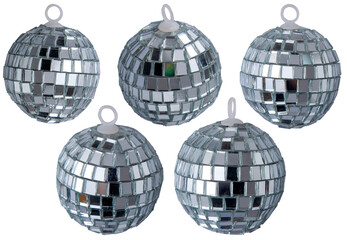 Mirror disco ball isolated on white background. Set of different.