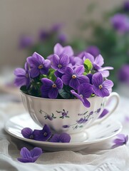 Purple violets in vintage teacup on table, blurred background