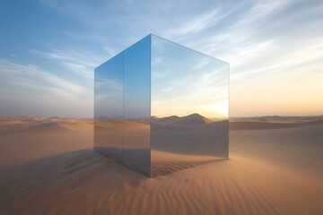 Giant reflective cube standing in the middle of a desert reflecting sunset light