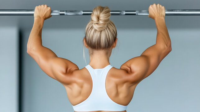 Strong woman lifting barbell, showcasing defined muscles and fitness
