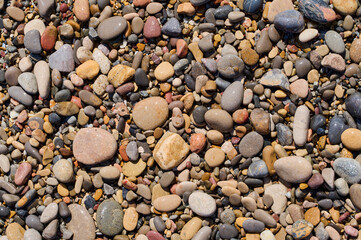 Colorful variety of pebbles scattered on a sunlit beach during the day