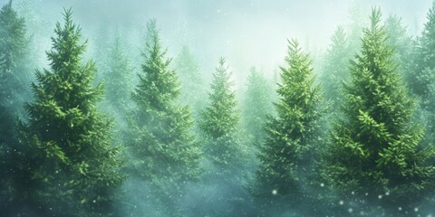 Fototapeta premium Foggy forest with mist, pine trees, snow-covered landscape, and distant mountains under a cloudy sky