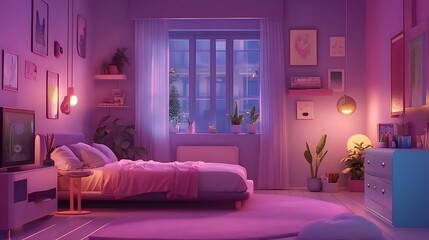 A Cosy Pink Bedroom with a Bed, Plants, and Warm Lighting