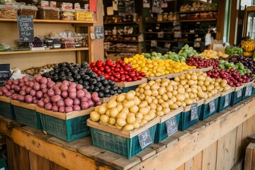 Obraz premium Colorful potatoes and other vegetables filling baskets at a farmers market