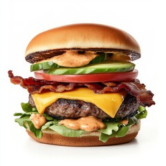 A deluxe bacon and avocado cheeseburger with chipotle mayo, isolated white background, hyperrealism art style