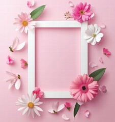 Obraz premium International Women’s Day in white frame on pastel pink background. 8 march concept, women's day banner 