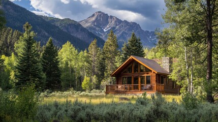 Fototapeta premium Serene Mountain Cabin Retreat: A Peaceful Escape in the Majestic Rockies