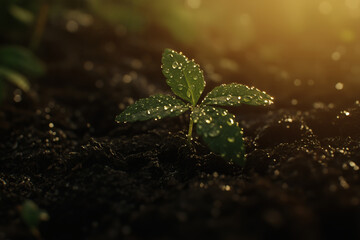 Dew-kissed seedling emerging from soil