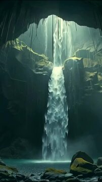 Magical Tropical Grotto Cave with Waterfall Surrounded by Lush Exotic Greenery and Sunlight Rays new beautiful stock 9x16 vertical video footage animation AI