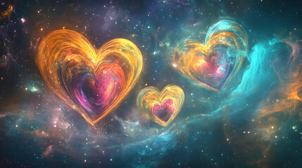 Hearts in vibrant colors with swirling patterns, floating in a cosmic space surrounded by stars and nebulae.